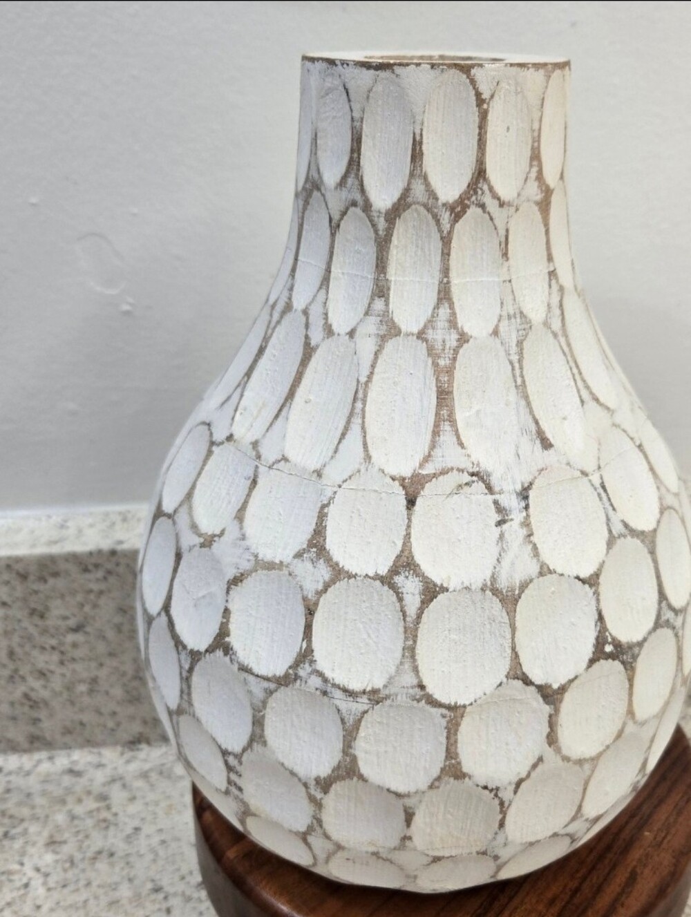 2013 , 9 In H .  Threshold textured white washed finish wood vase